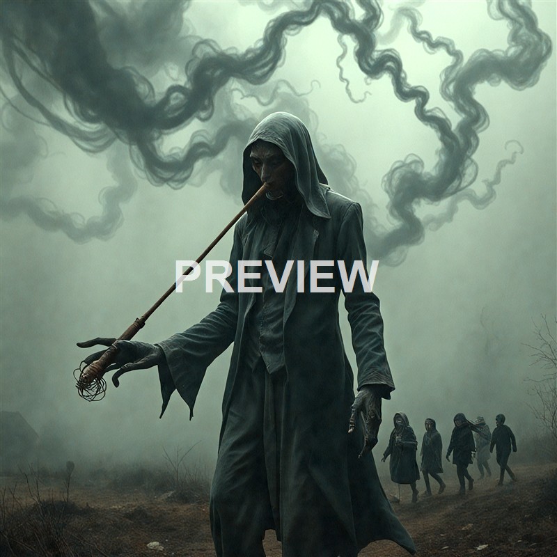 A dark, ominous figure with a hooded cloak and a long stick, leading a group of similarly dressed individuals through a smoky, desolate landscape under a gloomy sky.